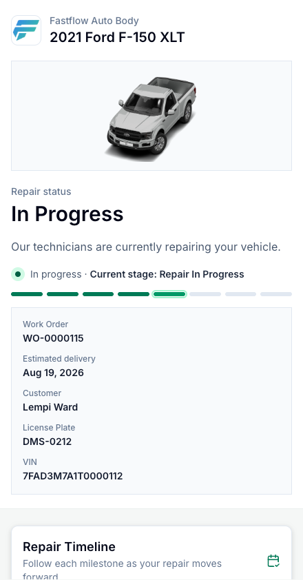 The customer tracker: stage timeline and shared photos on a branded link, with no account to create.