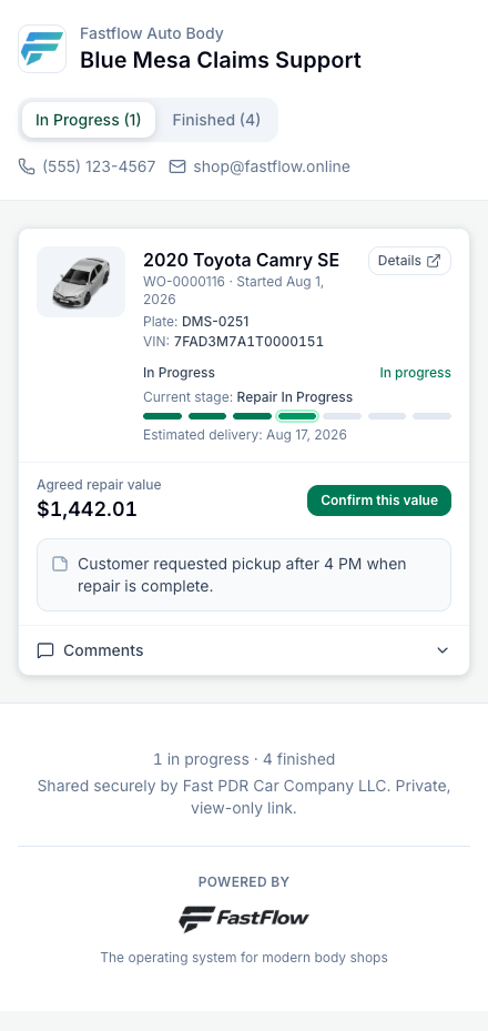 Every vehicle they have with you, on one link they can keep on their phone — instead of a Monday phone call.