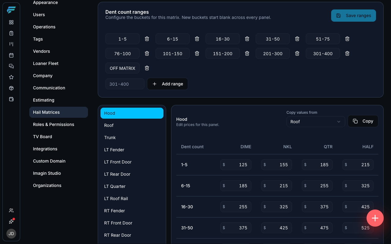 One price matrix per carrier plus retail, so the same dent count is never priced two different ways.
