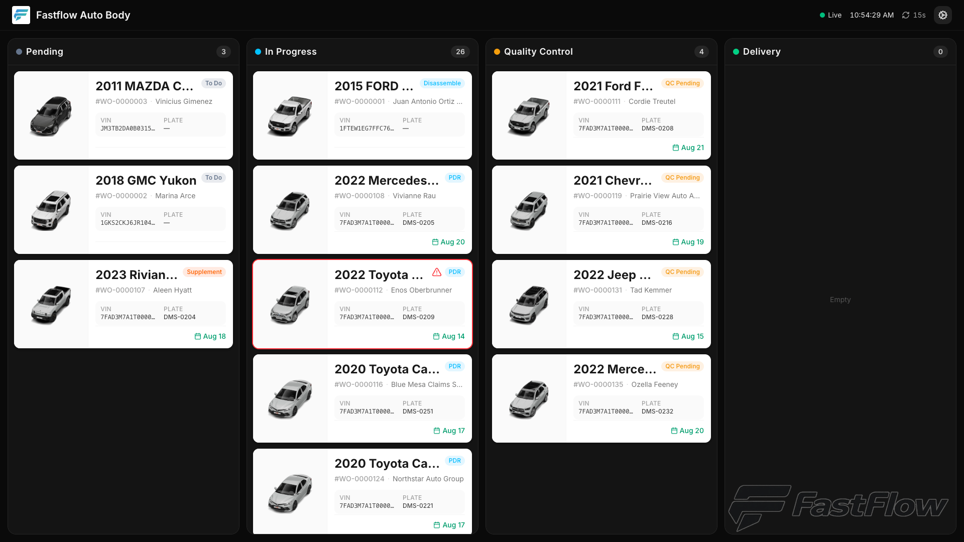 The lobby board: customers find their own car by stage and photo, without asking the front desk.